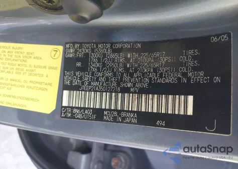 2005 Toyota Highlander Limited V6 from USA, damaged, VIN JTEEP21A350127218